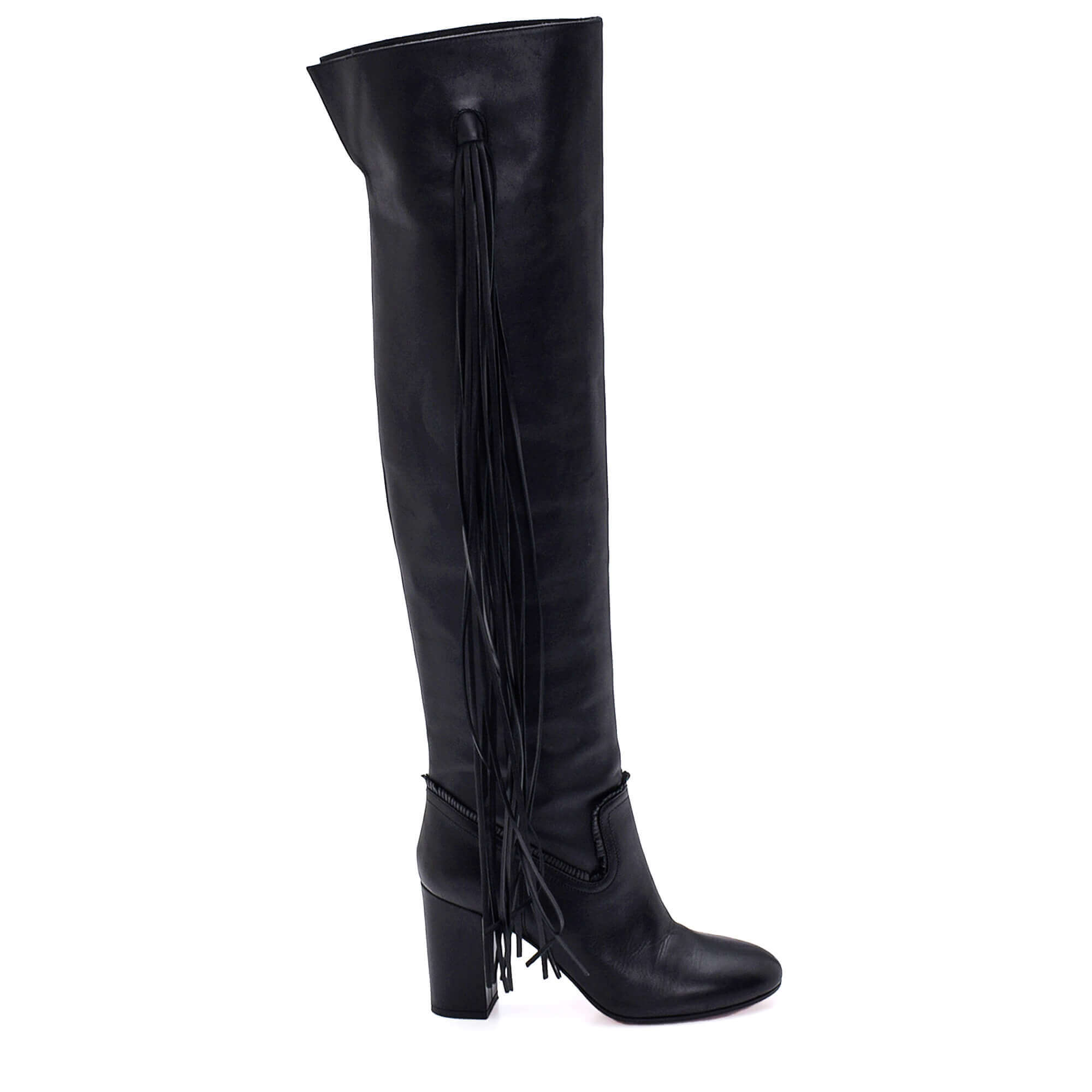 Aquazzura - Black Leather Fringed Over The Knee Whip It Boots